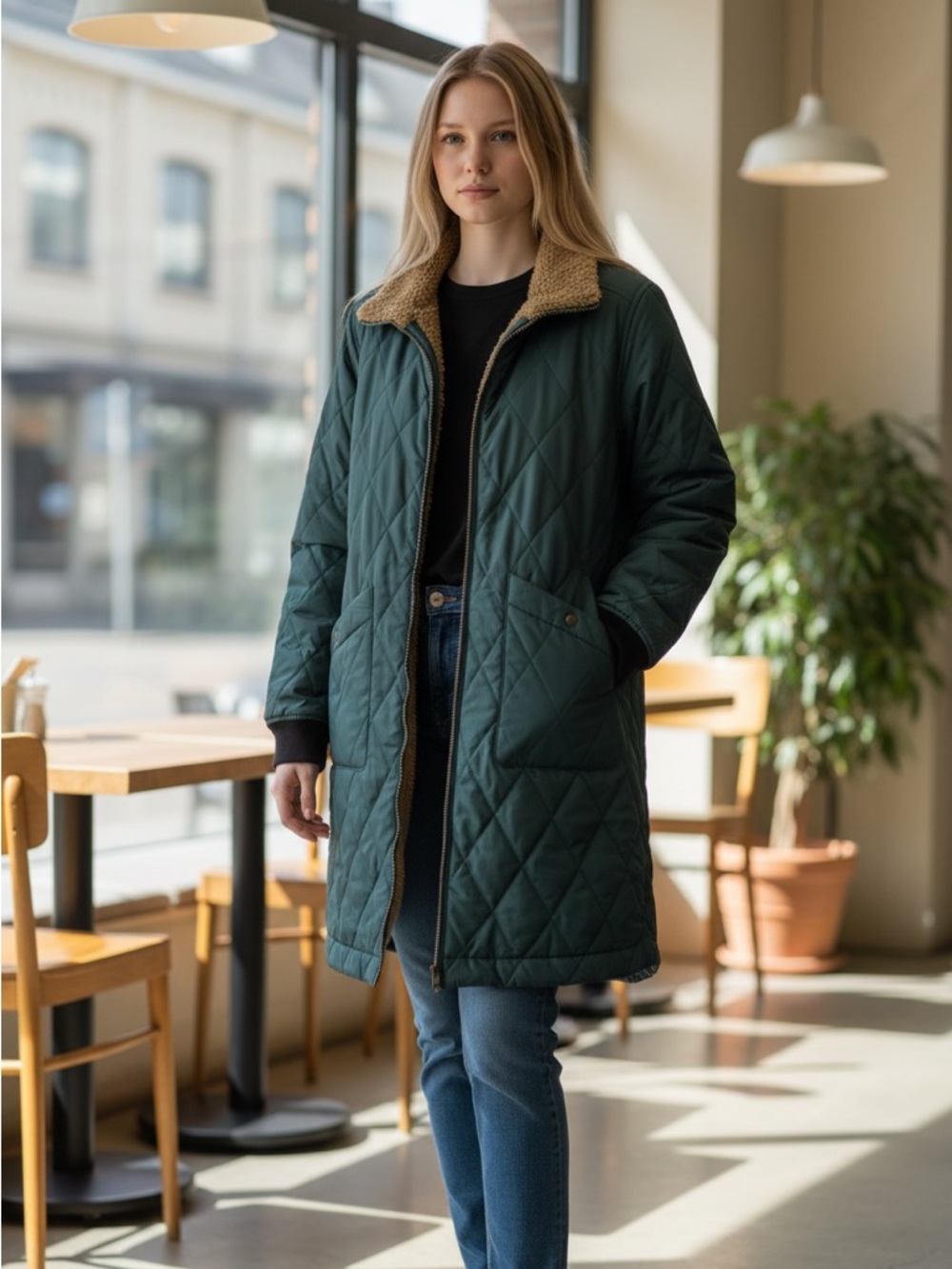 Weatherproof Quilted Dark Green Puffer Coat with Brown Faux Shearling Collar